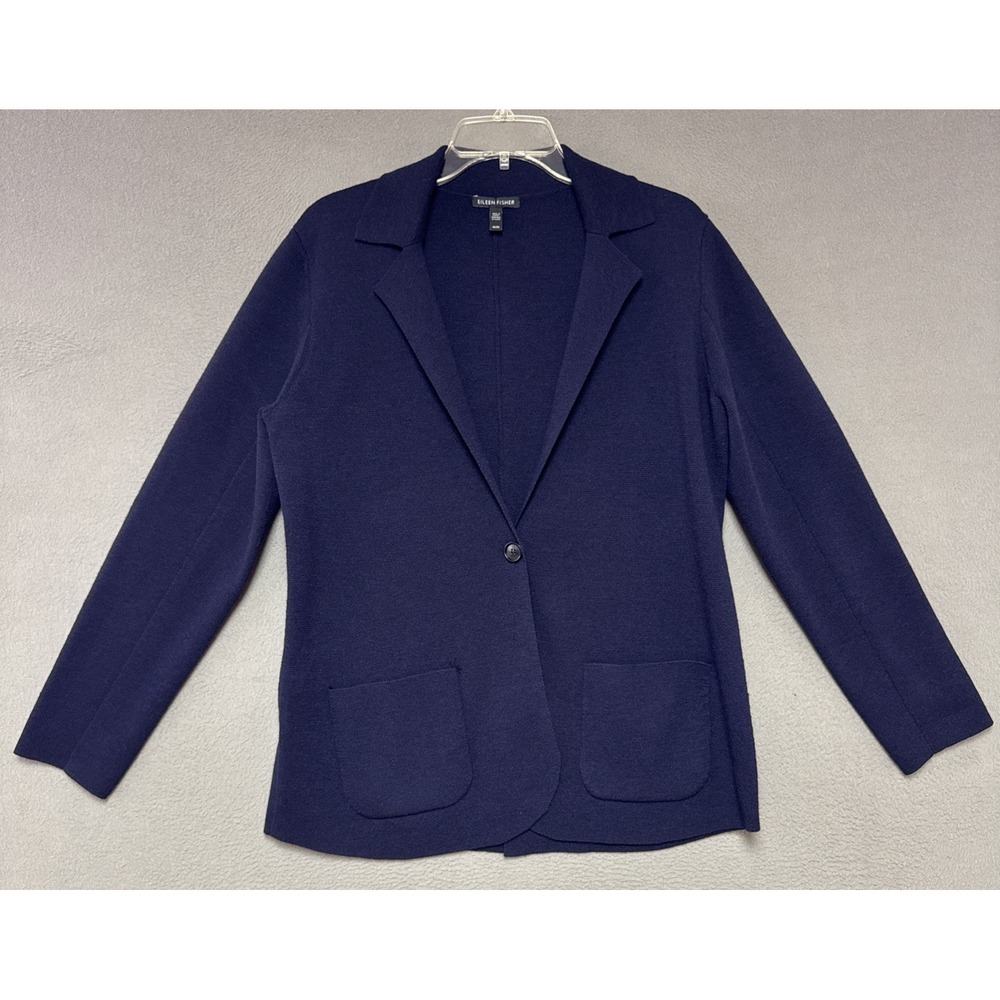 Eileen Fisher Merino Wool Blazer Jacket Navy 1 Button Patch PocketsMinimalist M
